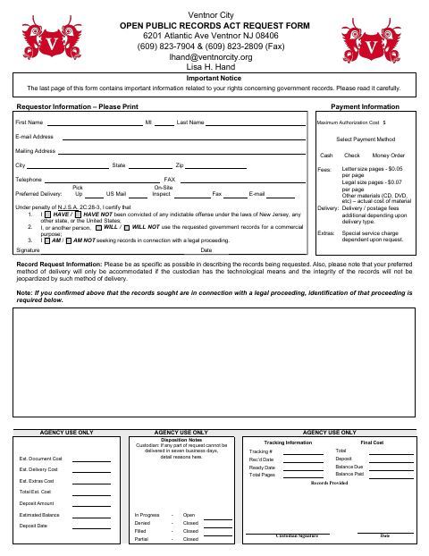 First page of the Open Public Records Act Request Form