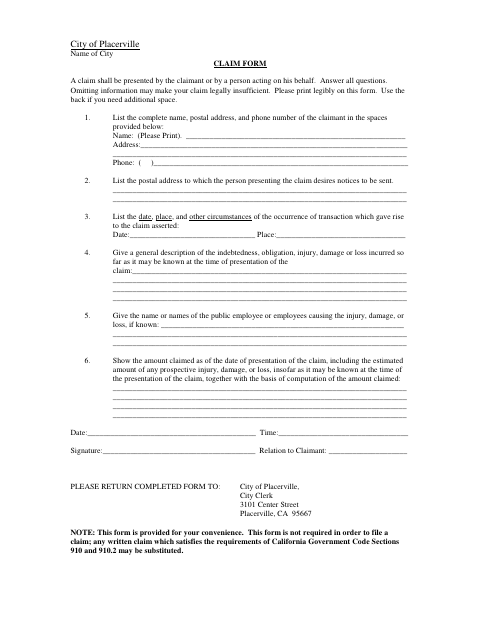First page of the Claim Form