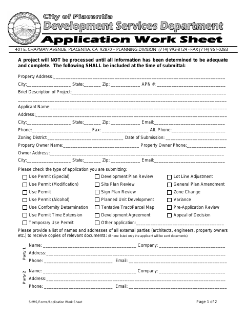 First page of the Planning Application Worksheet