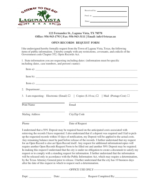 First page of the Open Records Request Form