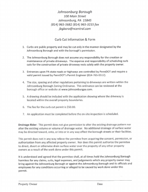 First page of the Curb Cut Permit Application