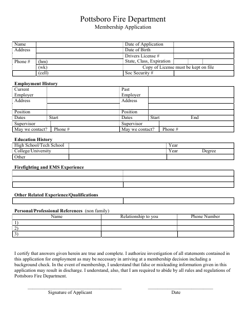 First page of the Fire Department Membership Application