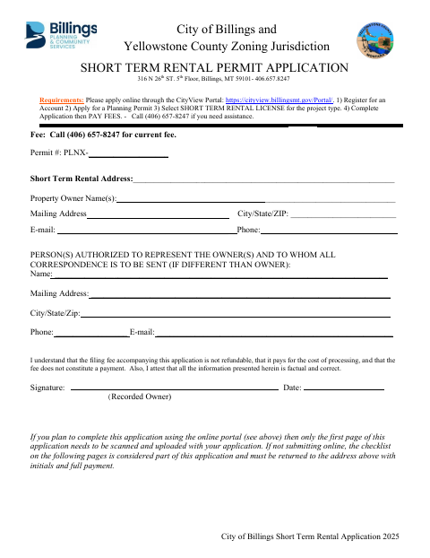 First page of the Short Term Rental Application