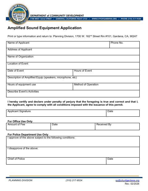 First page of the Amplified Sound Equipment Application