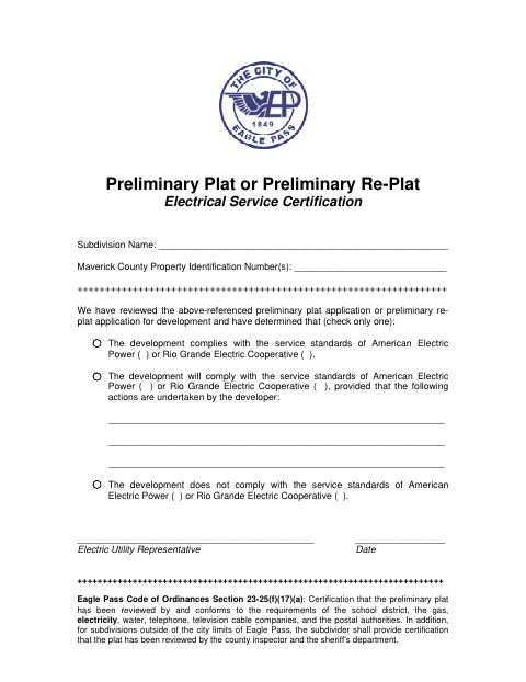 First page of the Preliminary Plat or Preliminary Re-Plat Electrical Service Certification
