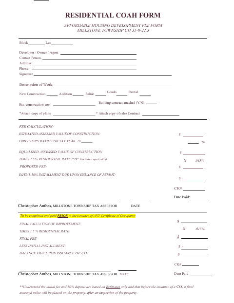 First page of the Residential COAH Form