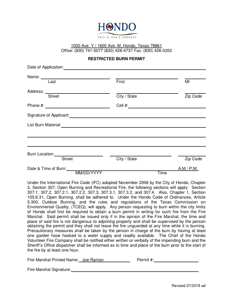 First page of the Restricted Burn Permit