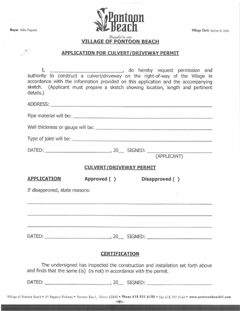 First page of the Culvert/Driveway Permit Application