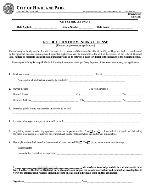 First page of the Application for Vending License