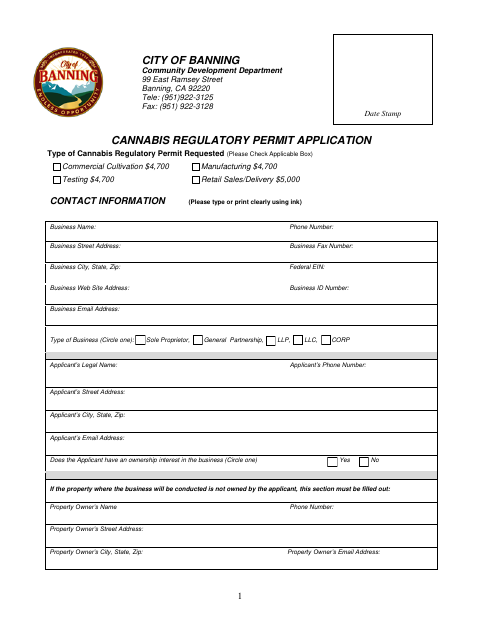 First page of the Cannabis Regulatory Permit Application
