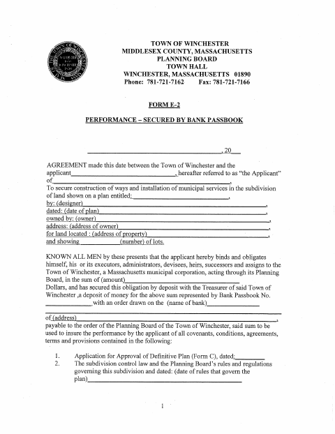 First page of the Performance Secured by Bank Passbook Agreement