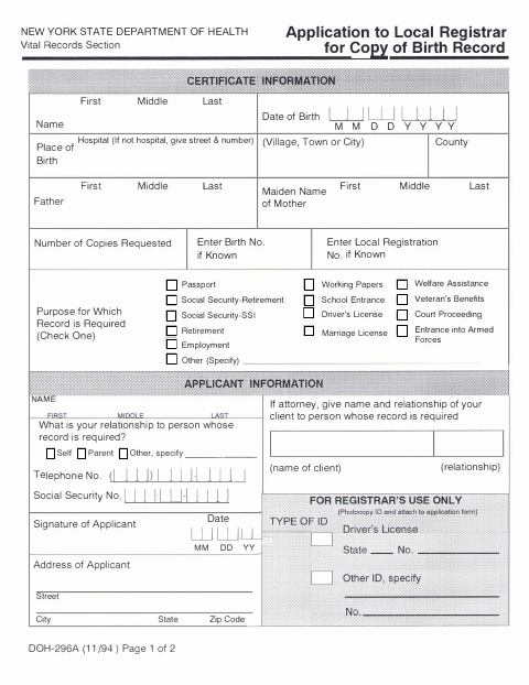 First page of the Application to Local Registrar for Copy of Birth Record