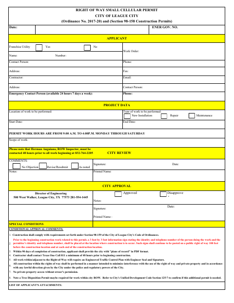 First page of the Right of Way Small Cellular Permit