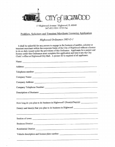 First page of the Peddlers, Solicitors and Transient Merchants Licensing Application