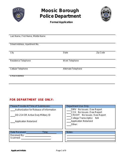 First page of the Police Department Employment Application