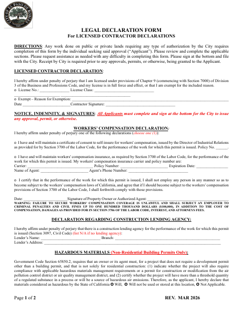 First page of the Legal Declaration Form for Licensed Contractor Declarations