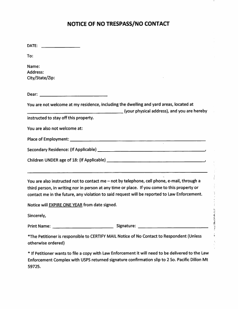 First page of the Notice of No Trespass/No Contact