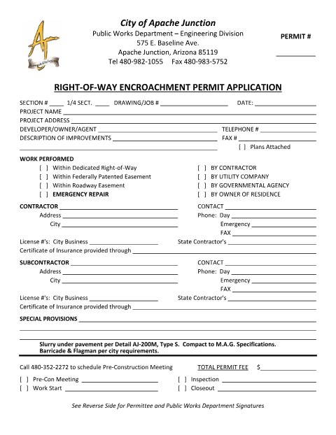 First page of the Right-of-Way Encroachment Permit Application