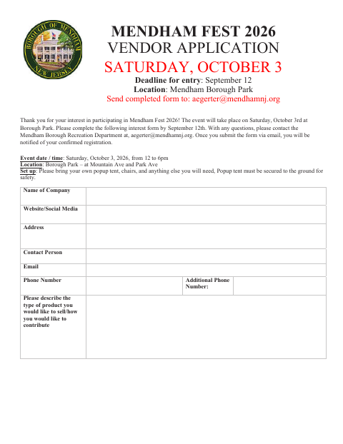 First page of the Mendham Fest Vendor Application
