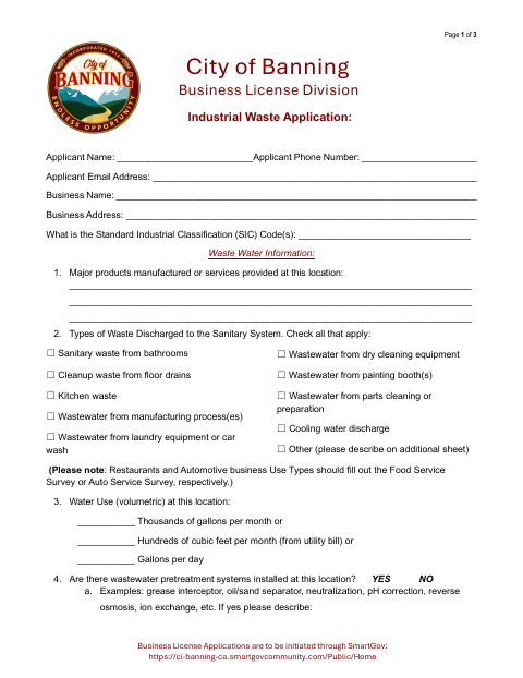 First page of the Industrial Waste Application