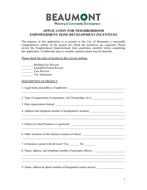 First page of the Application for Neighborhood Empowerment Zone Development Incentives