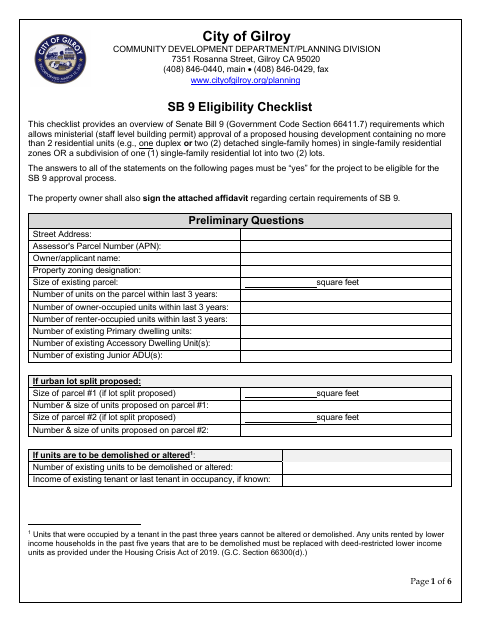 First page of the SB 9 Eligibility Checklist