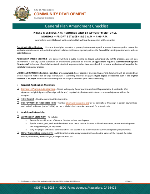 First page of the General Plan Amendment Checklist