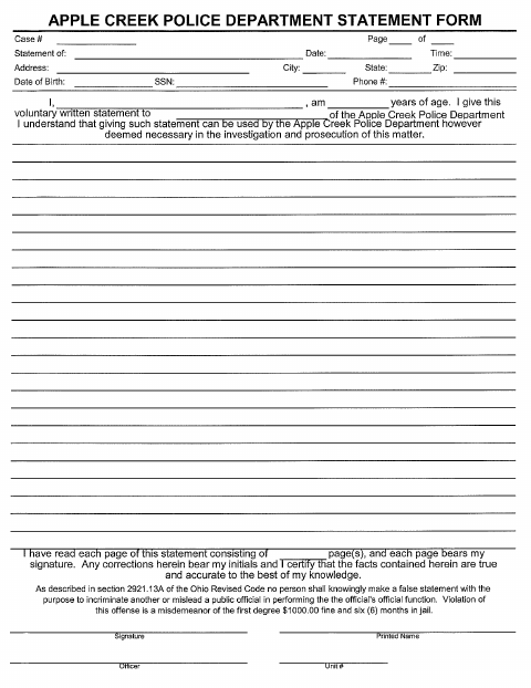 First page of the Police Department Statement Form