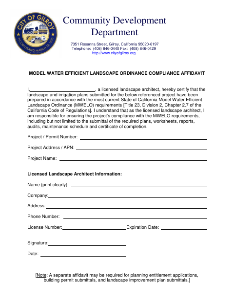 First page of the Model Water Efficient Landscape Ordinance Compliance Affidavit