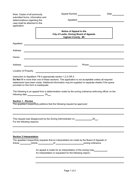 First page of the Notice of Appeal to Zoning Board of Appeals