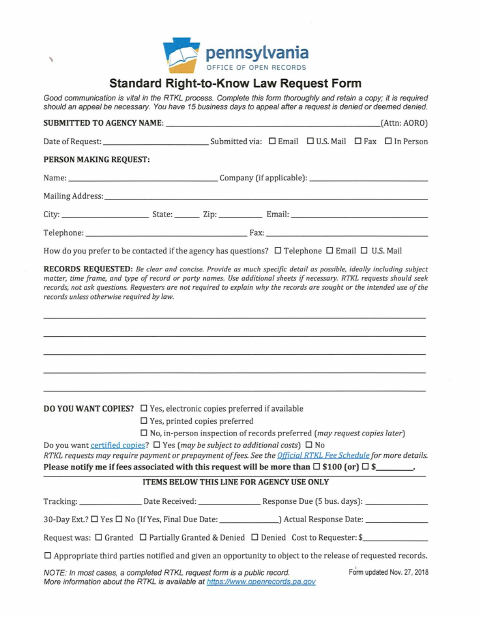 First page of the Right to Know Request Form