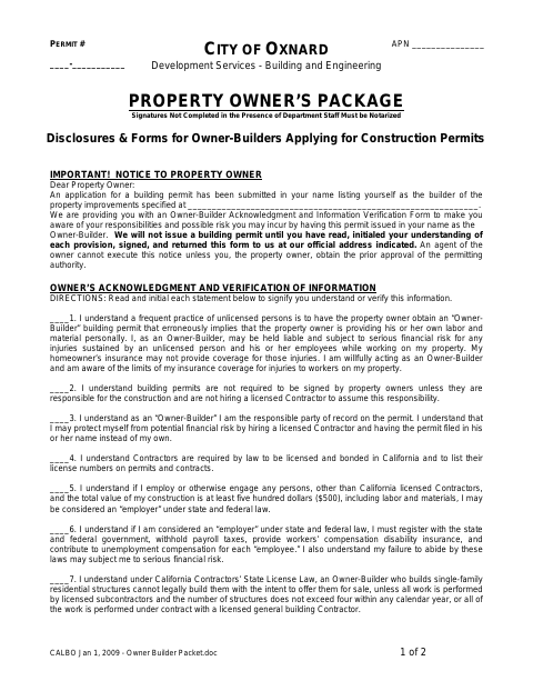 First page of the Owner-Builder Packet