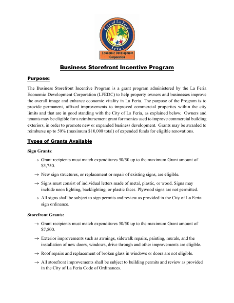 First page of the Business Storefront Incentive Program Application