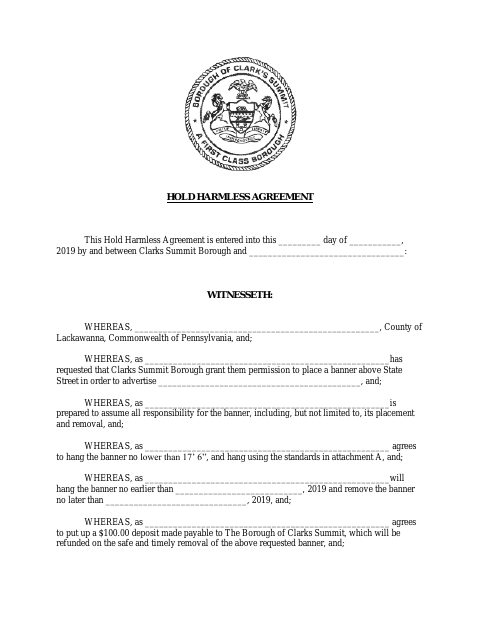 First page of the Hold Harmless Agreement