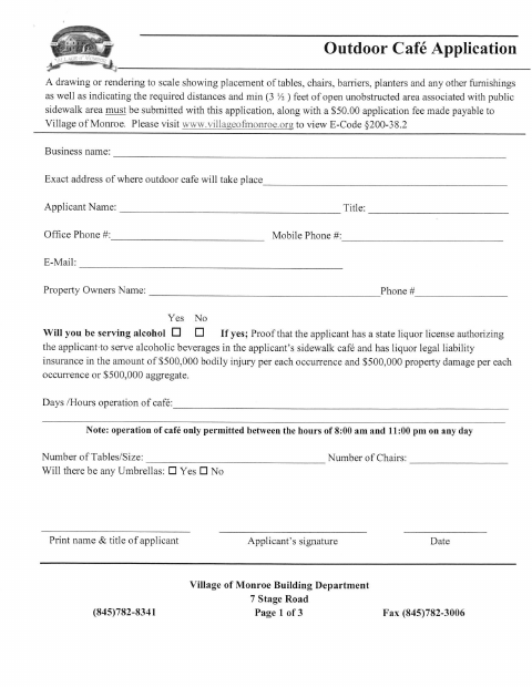 First page of the Outdoor Café Application