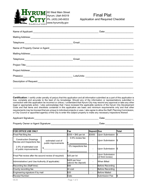 First page of the Final Plat Application and Required Checklist
