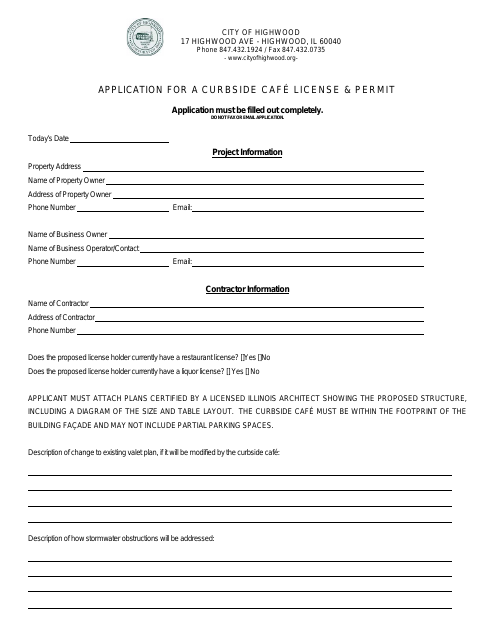 First page of the Curbside Café License and Permit Application