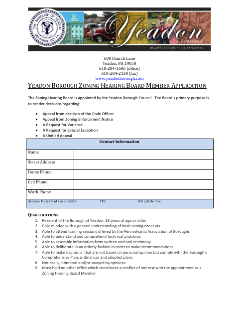 First page of the Zoning Hearing Board Member Application