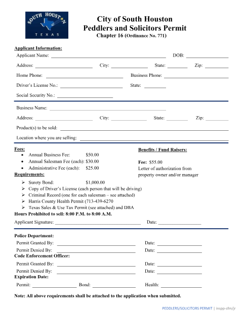 First page of the Peddlers and Solicitors Permit Application