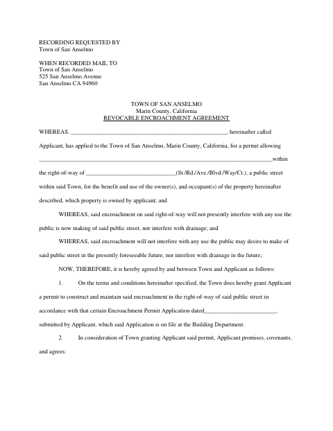 First page of the Revocable Encroachment Agreement