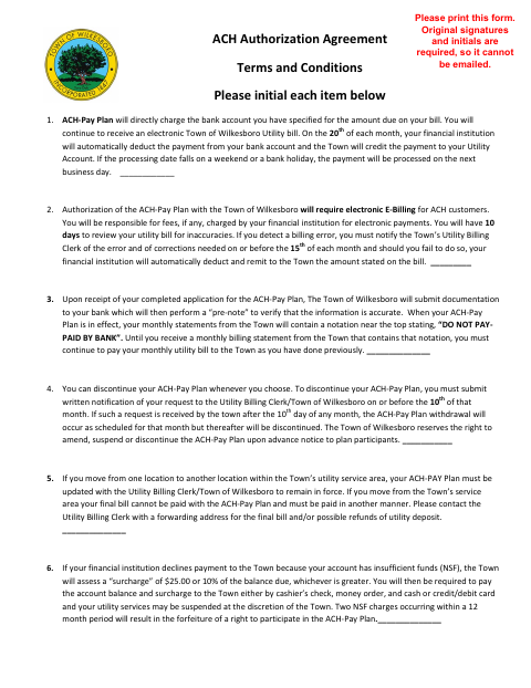 First page of the ACH Authorization Form