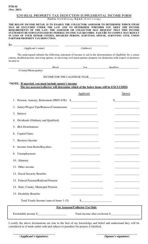 First page of the $250 Real Property Tax Deduction Supplemental Income Form