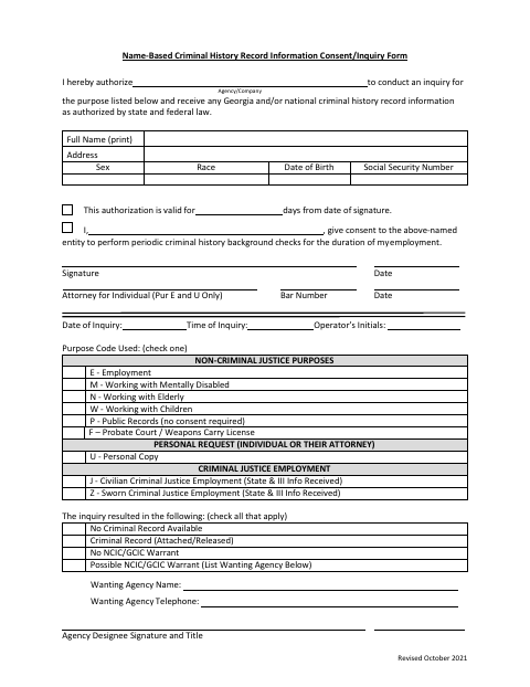 First page of the Name-Based Criminal History Record Information Consent/Inquiry Form