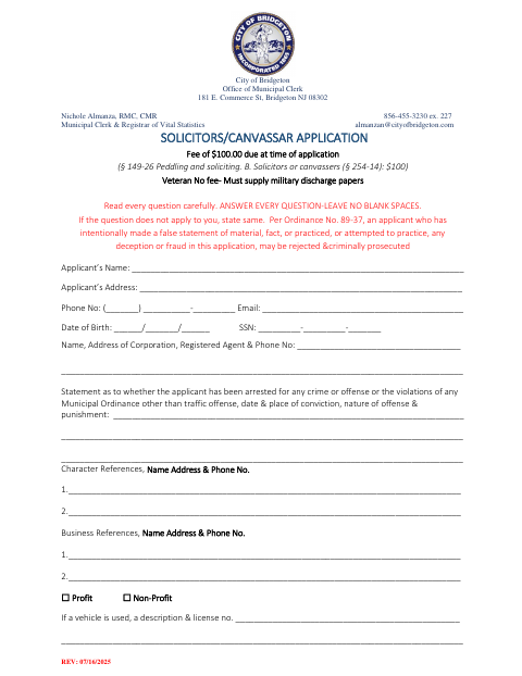 First page of the Solicitors/Canvassar Application