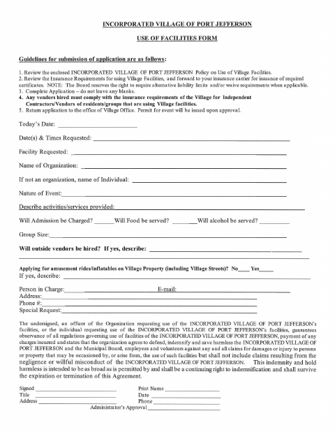 First page of the General Facilities Use Form With Insurance Requirements
