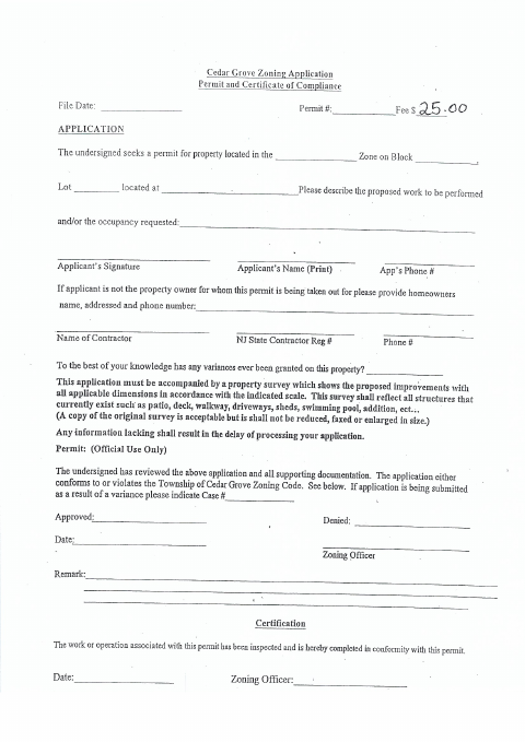First page of the Zoning Application Permit and Certificate of Compliance