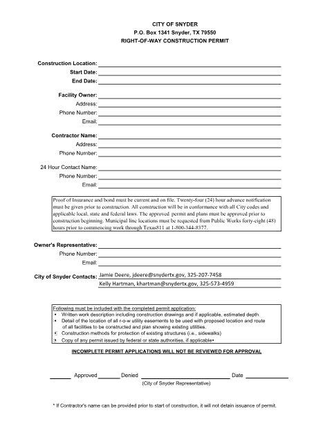 First page of the Right-of-Way Construction Permit