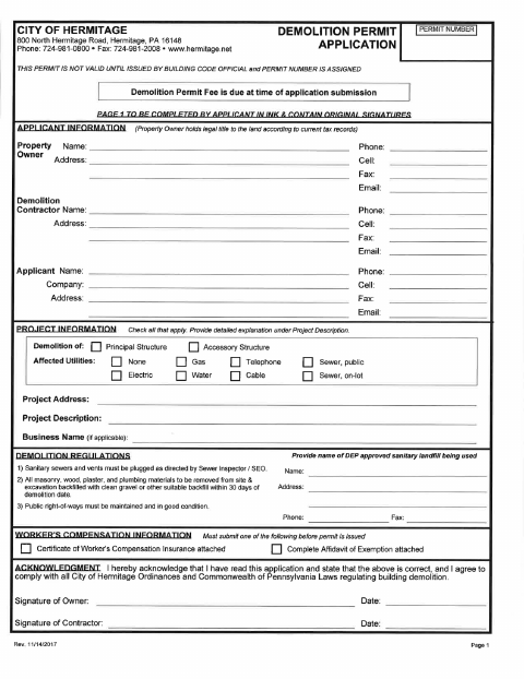 First page of the Demolition Permit Application