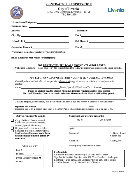 First page of the Contractor Registration