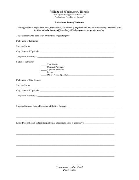 First page of the Petition for Zoning Variation